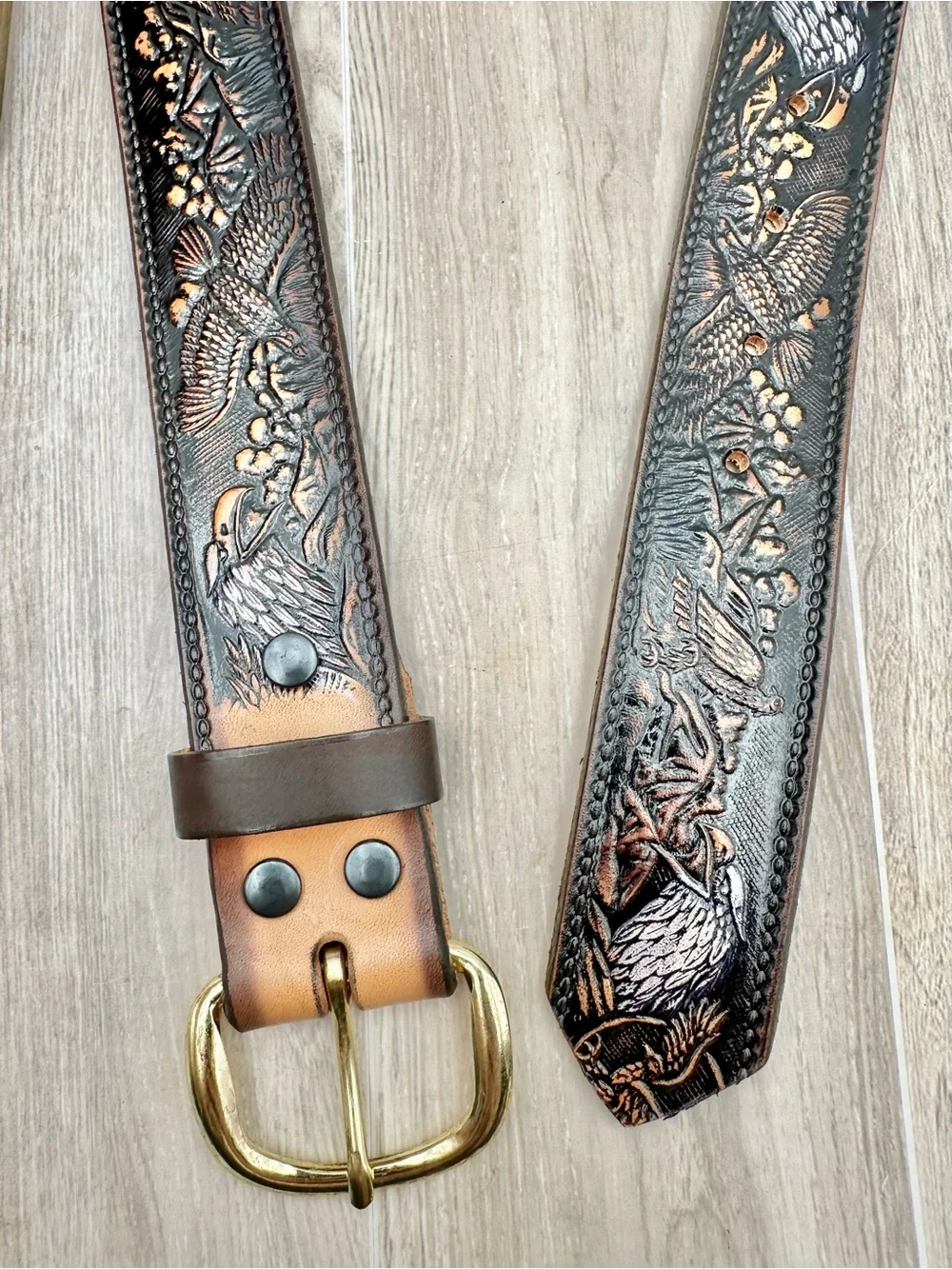 Western Eagle Tooled Leather Belt Full Grain Cowhide Handmade Heavy Duty  Sz 42